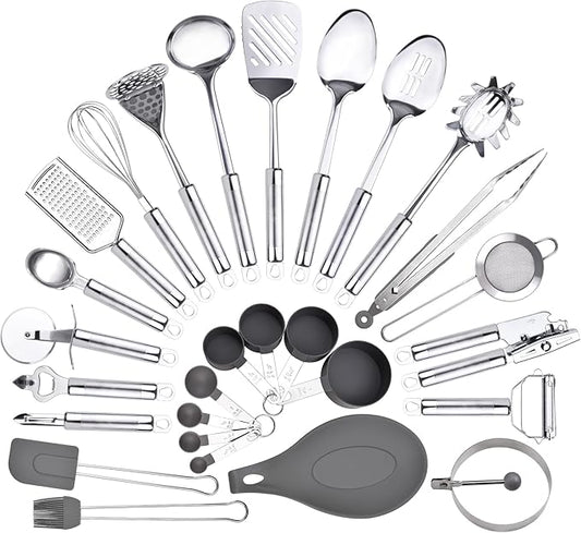 Stainless Steel Utensil Set, 28 Pcs Cooking Gadgets and Tools With Holder - Best Kitchen Tool Set Gift