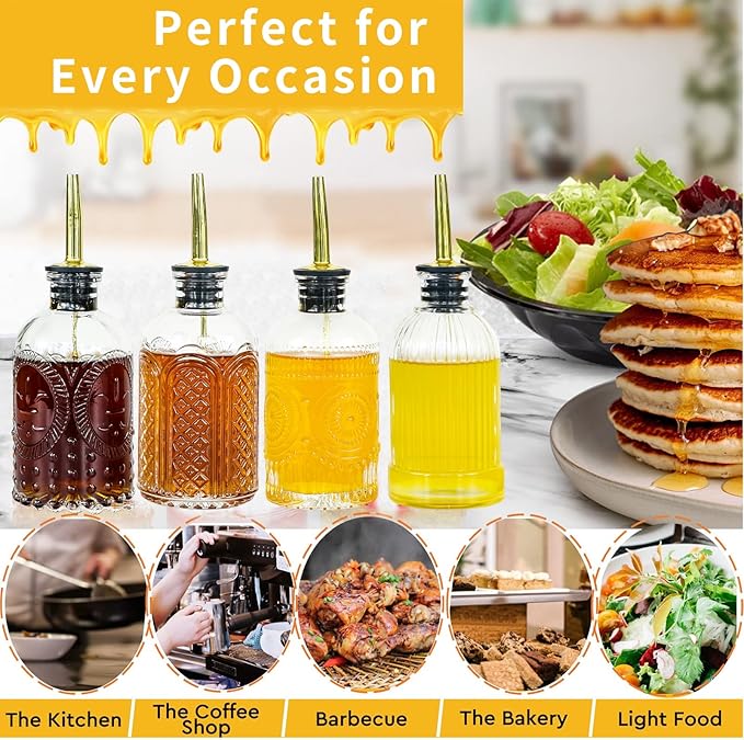 Syrup Dispenser Bottles Set,4 pcs 7oz Glass Coffee Syrup Bottle,Coffee Bar Accessories with Metal Pour Spout Ideal and labels for Coffee Syrups,Coffee bar