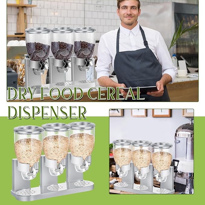 Umigy 1 Pack Triple Indispensable Dry Food Dispenser 67oz Each Capacity Cereal Container for Storage Preserving Dispensing Kitchen Rice Candy Nuts Dog Food Granola Snack Gumball Countertop (Silver)