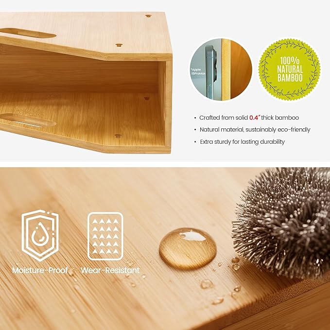 Slim Bamboo Storage Bin with Handles – Heavy-Duty Organizer for Pans, Lids, Cutting Boards, Snacks & More | Open-Front & No-Drill Wall Mount | Kitchen, Pantry, Bathroom & Office Use