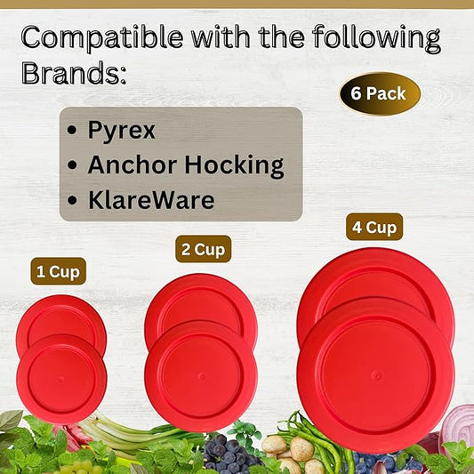 1, 2 & 4 Cup Red Replacement Lids/Covers for Pyrex, Anchor Hocking & KlareWare Storage Bowls *Lids Only Glass Container Not Included* (6 Pack *Two of Each Size*)