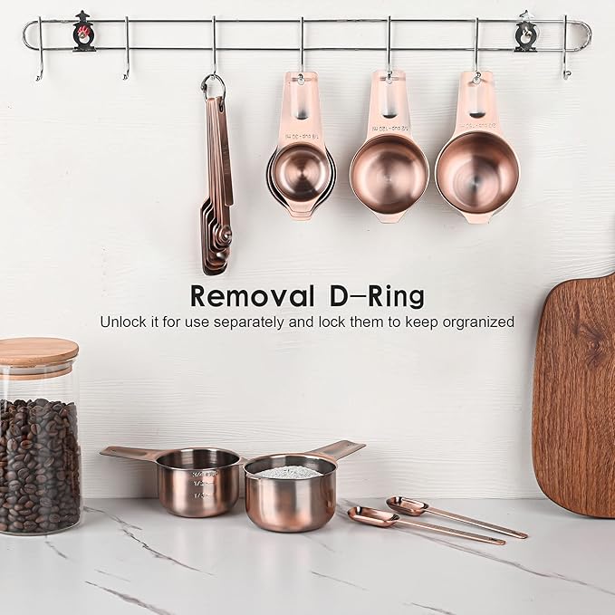 Copper Measuring Cups and Spoons Set, 20-Piece Stainless Steel Measuring Cups and Spoons Set, Measuring Stick Leveler, Measurement Conversion Chart Fridge Magnet, with 2/3 & 3/4 Measure Cup
