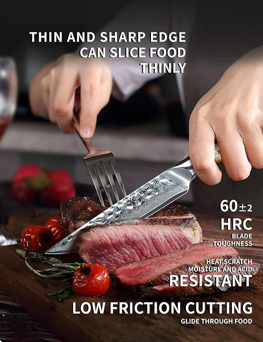 Steak Knives Set of 4, Ultra Sharp Kitchen Steak Knife 5 Inch - Forged Damascus Steel & Resin Handle - Yao Series