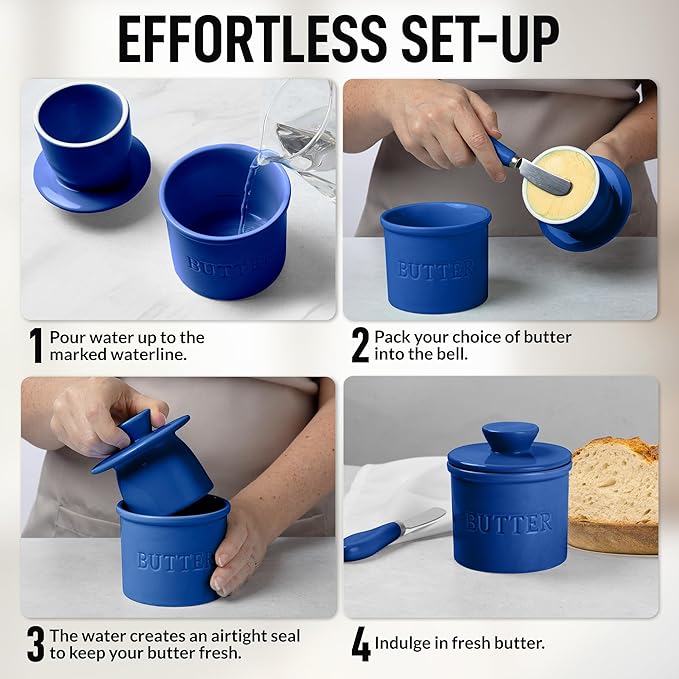 Zulay Kitchen Porcelain Butter Crock With Lid & Knife - Authentic French Butter Dish For Fresh & Spreadable Butter - Blue