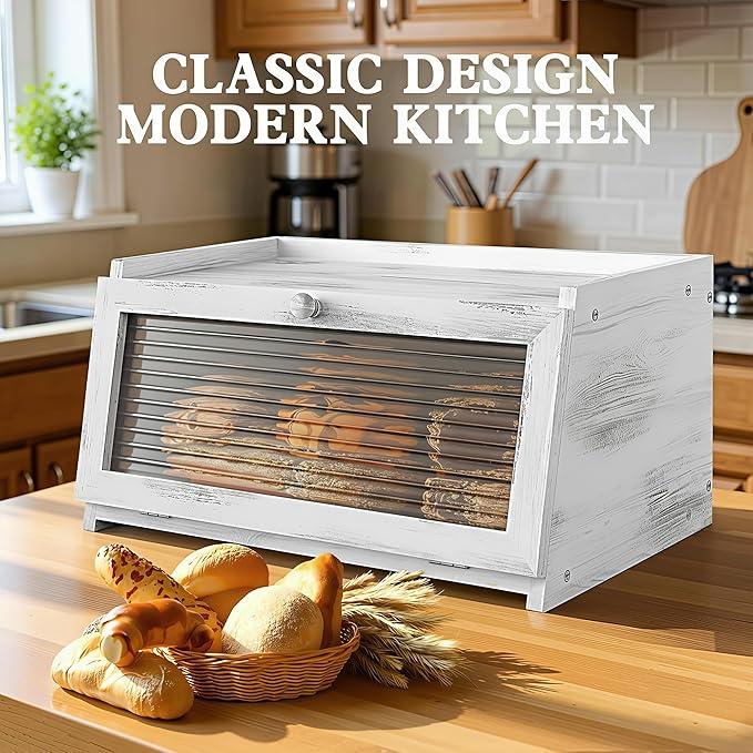 Bread Box for Kitchen Countertop Large Farmhouse Bread Container Bread Storage with Window Wooden Bread Holder