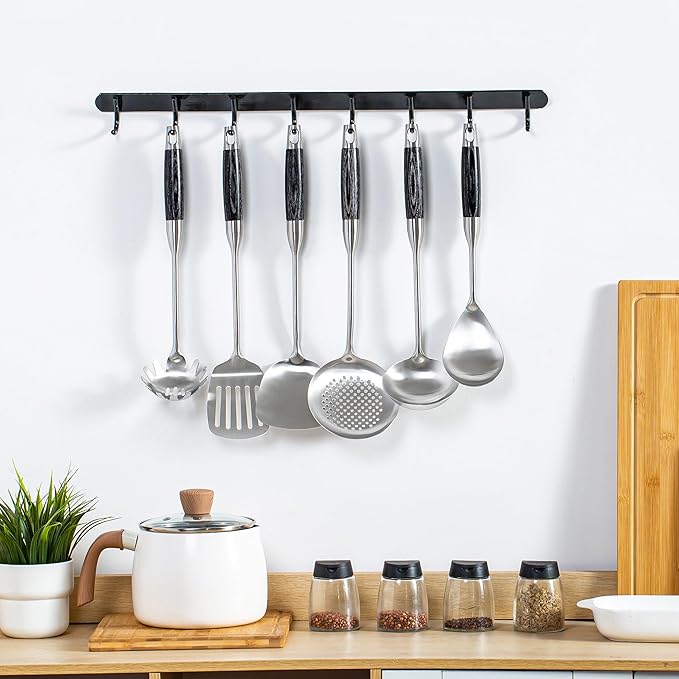 FJNATINH Kitchen Utensils Set - Wok Utensil - Wok Tools - 6 Pieces Ebony Wooden Handle Cooking Tools with Wok Spatula, Soup Ladle, Skimmer Spoon, Slotted Spatula Turner, Spaghetti Server, Solid Spoon