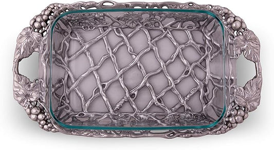 Arthur Court Metal Pyrex Glass Casserole Dish Holder Grape Pattern Sand Casted in Aluminum with Artisan Quality Hand Polished Design Tarnish-Free 21 inch Long 3 Quart Removable Glass Dish Included