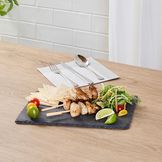 Restaurantware Slate Serving Trays 4 Pack of 11.8" x 7.8" Foam Feet Charcuterie Stone Plates Rustic Edges Freezable Black Serving Display Cheese Boards for Kitchen, Gourmet, Dining, Parties