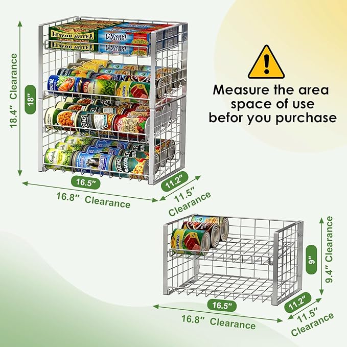 JKsmart 2-Tier Stackable Can Rack Organizer for Pantry, Adjustable Can Dispenser Holds Up to 62 Cans, Can Storage Holder for Various Ounces of Canned Food Soda Drinks, Silver, 2 Pack (Petent Pending)