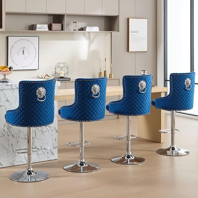 Velvet Lion Bar Stools Set of 6, Modern Height Adjustable Swivel Barstools with Chrome Base, Tufted Counter Height Bar Stools Upholstered Bar Chairs for Kitchen Island, Dining Room, Blue