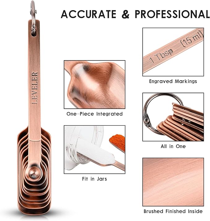Copper Measuring Spoons Set 10, Stainless Steel Long Handle Metric & US Measuring Spoons for Kitchen & Baking, Spice Jar, with 1/16tsp, 3/3tsp, 2/3tbsp
