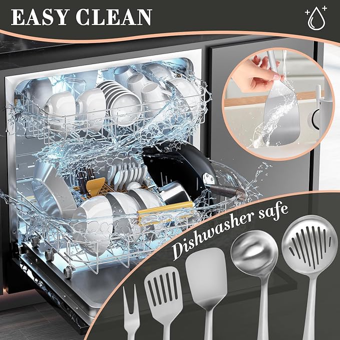 Cooking Utensils Set, Stainless Steel Kitchen Utensils Set, Durable Kitchen Gadgets- 5 PCS -Ladle, Skimmer, Slotted Turner, Solid Turner, Meat Fork