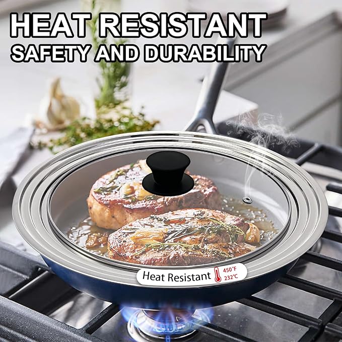 13 Inch Large Universal Pan Lid, Stainless Steel Pots Lid Fit 11, 12,13 Inch Pots and Pans, Heat Resistant Stainless Steel and Tempered Glass Lid, 13 In Frying Pans Lid