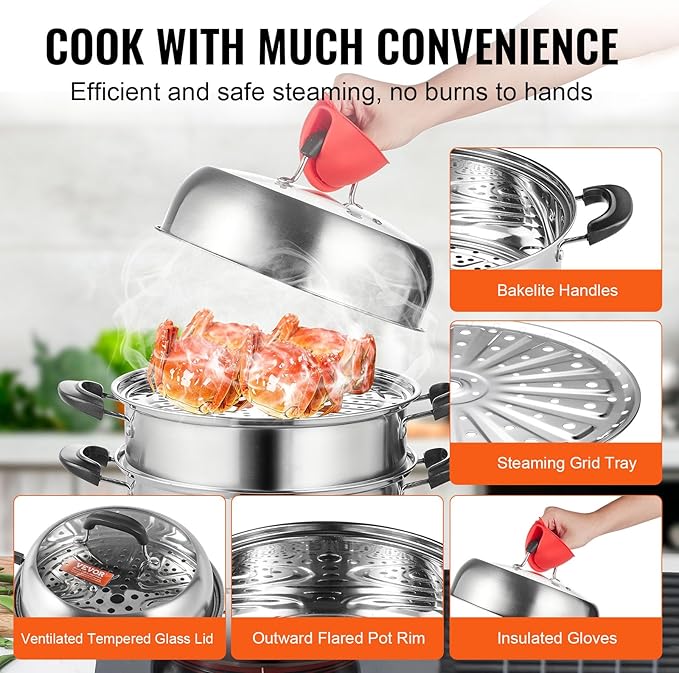 VEVOR Steamer Pot 11in/28cm, 3 Tier Steamer Pot for Cooking with 8.5QT Stock Pot, Vegetable Steamer & 2 Steaming Tray, Food-Grade 304 Stainless Steel Food Steamer Cookware for Gas Electric Stove Grill