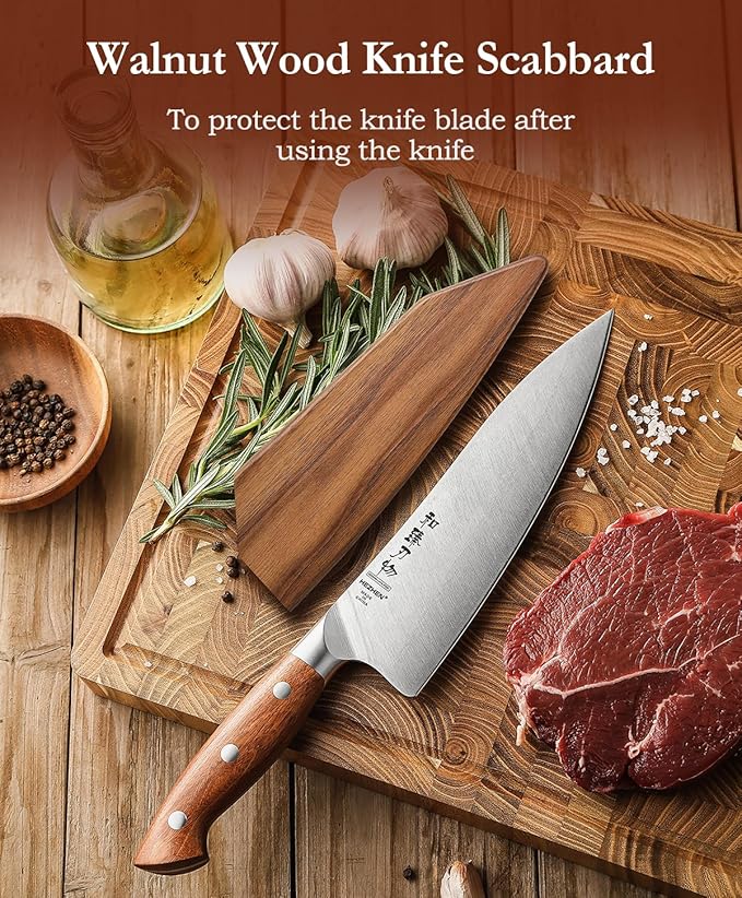 HEZHEN Pro Chefs Knives 8.3 Inch,High Carbon German 1.4116 Steel,Stainless Steel Rivets with Red Wood Handle,Razor Sharp,Super Edge,with Woodern Knife Sheath