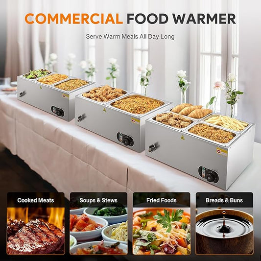 WILPREP Single-Well Commercial Food Warmer with Two 1/2 Pans, Electric Warmer for Food with Adjustable Temp. & Automatic Shutoff, Stainless Steel Food Heating Unit for Buffet Food Truck Hotel Catering
