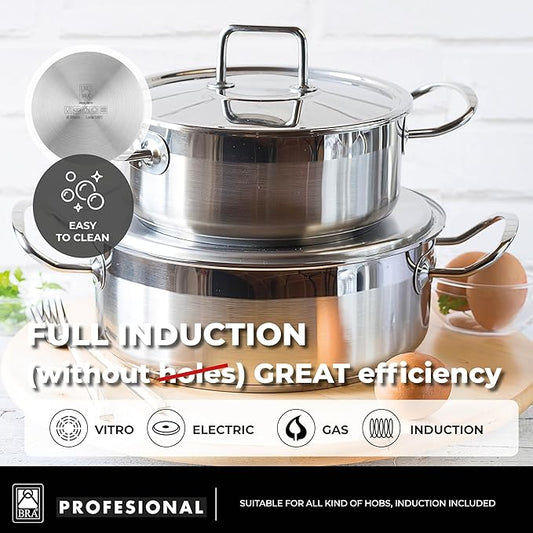 BRA COOKWARE Profesional 9 Piece Cookware Set | Stainless Steel Professional Kitchenware Set | 2 Pots, 1 Sauté Pan, 3 Frying Pans, 3 Lids | All Heat Sources Compatible | PFOA Free