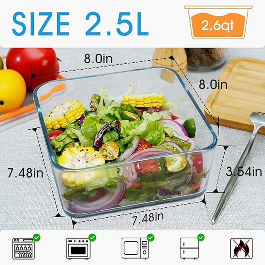 NUTRIUPS 2.6QT Square Glass Baking Dish with Lid, 8×8 inches Deep Square Baking Dish with Lid, Glass Baking Dishes for Oven