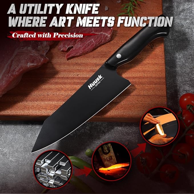 Huusk Japanese Chef Knife for Kitchen - 7in Kirisuke Knife with Black Titanium Coating, Stainless Kitchen Cooking Knifes for Vegetable & Meat Cutting, Ultra Sharp Sushi Knives, Fathers' Day Gifts