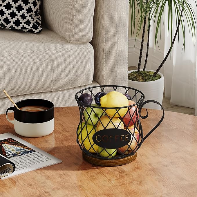YINMIT K Cup Holder Organizer, Rustic Coffee Pod Holder Organizer, 35 Kcup Holder for Counter with Handle,Large Capacity Black Wire Coffee Capsule Basket for Kitchen Office Desktop (Circular Grid)