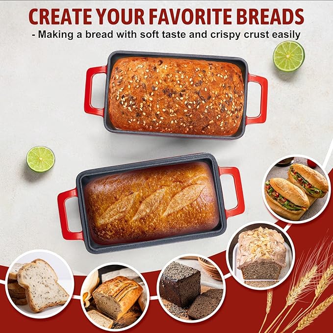 P&P CHEF 2 In 1 Enameled Cast Iron Loaf Pan with Lid, 9 x 5 Inch Bread Loaf Pans for Baking Homemade Sourdough Bread, Meatloaf, Toast, Cake, Nonstick & Healthy & Sturdy, 2 Piece Set - Red