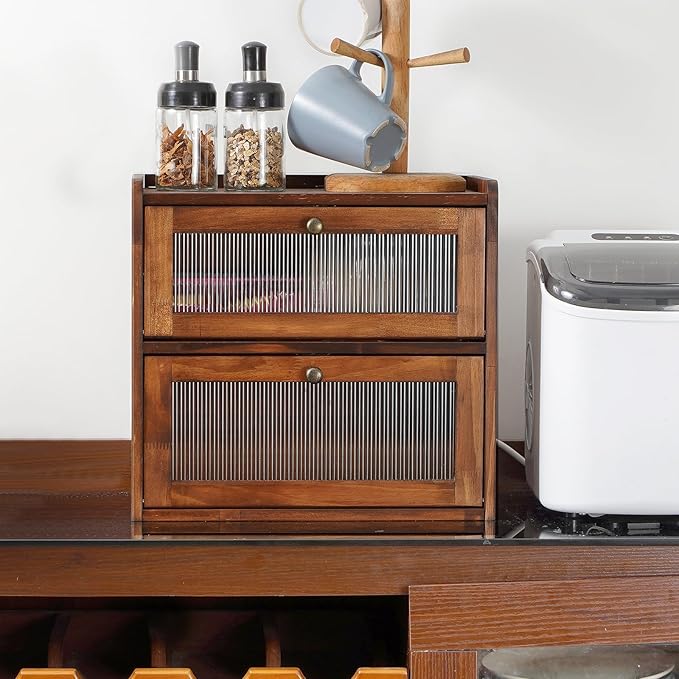 Sunhoo Bread Box for Kitchen Countertop Wooden Bread Storage Container Bin 2 Layer Breadbox Holder Large Capacity Keeper Vintage Farmhouse Food Organizer Pantry Shelf Acrylic Window (Brown)