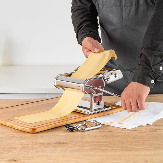 Met Lux Pasta Maker Machine, 1 Pasta Maker With 2 Cutter Attachments - 9 Adjustable Thickness Settings, 5 Piece Set, Stainless Steel Manual Machine, For Fettuccine, Spaghetti