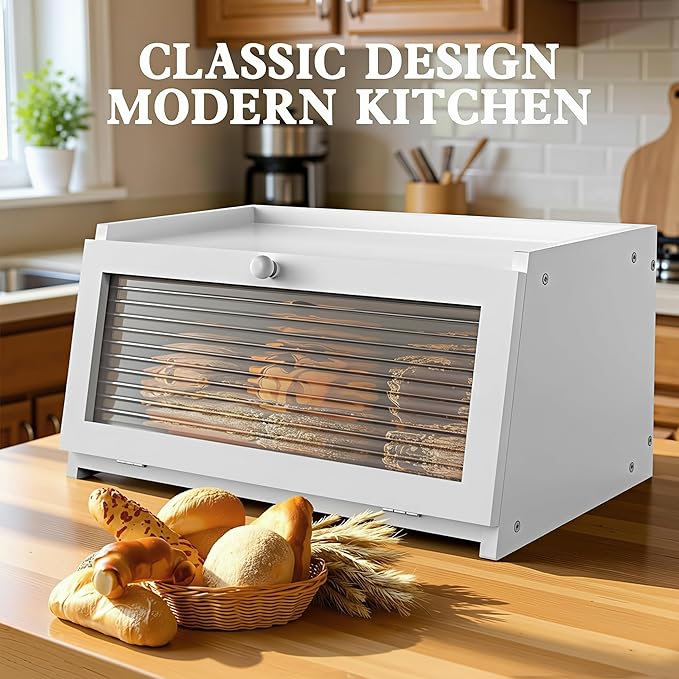 Bread Box for Kitchen Countertop Large Farmhouse Bread Container Bread Storage with Window Wooden Bread Holder White