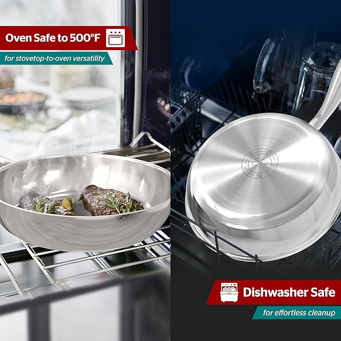 SUNHOUSE – 8 Inch / 20 cm Stainless Steel Frying Pan, Tri-Ply Stainless Steel Construction, PFOA-FREE, Stay-Cool Handle, Induction Compatible with All Cooktops, Dishwasher Safe