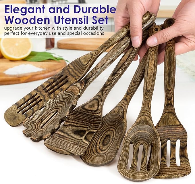 Kitchen 6-Piece Pakkawood Kitchen Utensil Set – Wooden Cooking Spoons with Slotted Spatula, Turner, Spaghetti Spoon & Fish Spurtle, Long Handle Design (Granite) by Howhong