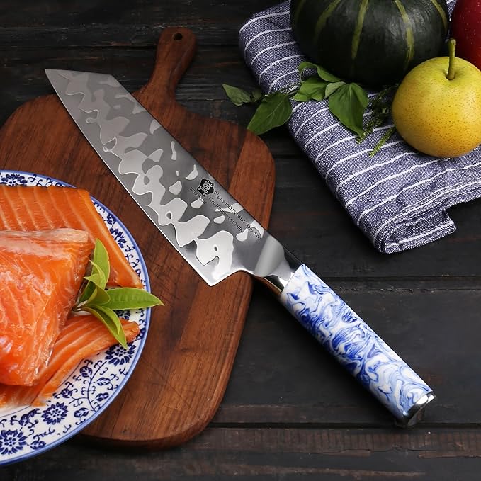 WILDMOK Kiritsuke Knife 8.5 Inch, Japanese Kitchen Chef Knives - 7 Layer Alloy Steel Fish Slicing Knife with Resin Handle - Qing Series