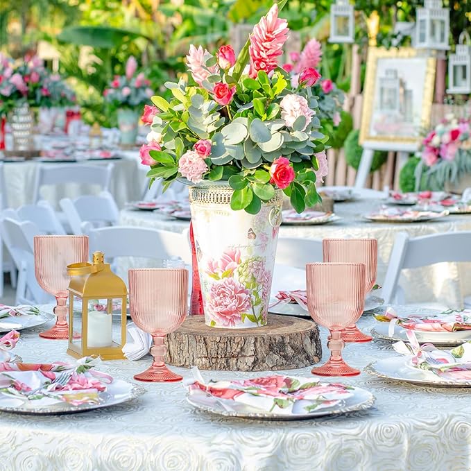 Pink Vintage Wine Glasses Set of 6, 11 Ounces Colored Glass Water Goblets, Unique Embossed Pattern High Clear Stemmed Glassware Wedding Party Bar Glass Drinking Cups Fancy Glasses Hand Wash Only