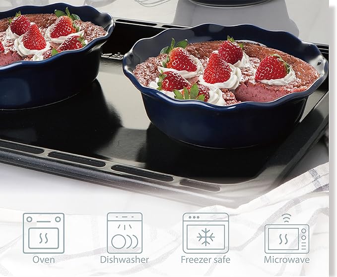 ONEMORE Pie Pans, 6.8 inch Small Chicken Pot Pie Plates 16 oz Deep Dish Pie Pan Ceramic Baking Plates for Dessert Oven Safe Round Baking Dish Pans Set of 4 - Blue