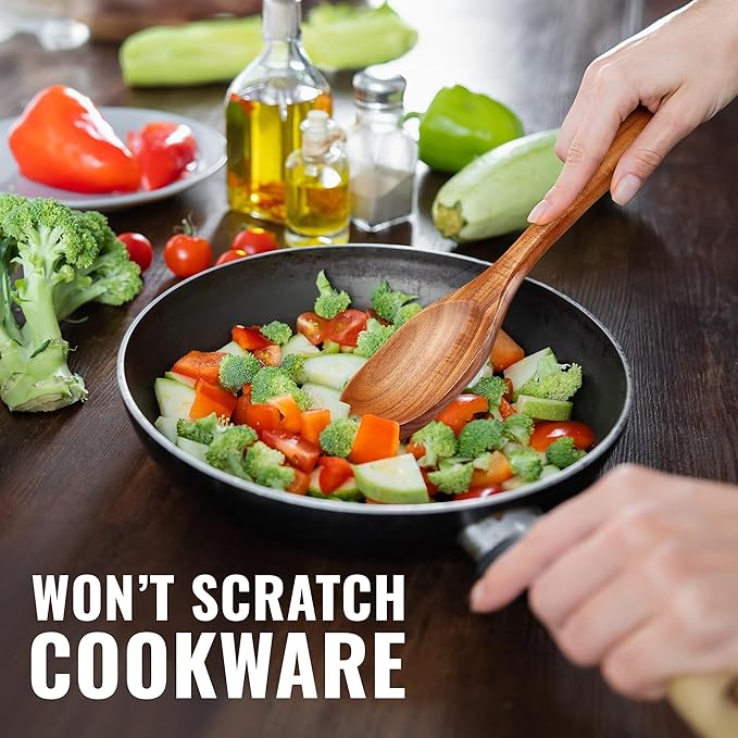 Zulay Kitchen Premium Large Teak Wooden Spoon For Cooking - Durable Wooden Cooking Utensil, Perfect Wooden Kitchen Utensil Set Addition, Smooth Finish Natural Teak Spoon, Non-Stick Wooden Spoon