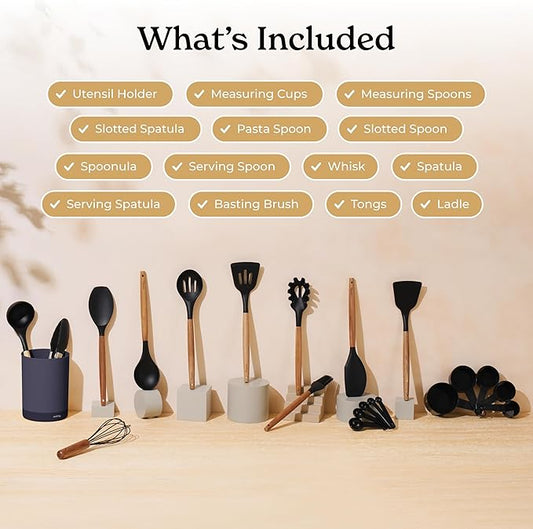 SMIRLY Kitchen Utensils Set – 22-Piece Silicone Cooking Utensils Set, Spatula Set with Holder, Wooden Handle Silicone Kitchen Gadgets for Nonstick Cookware