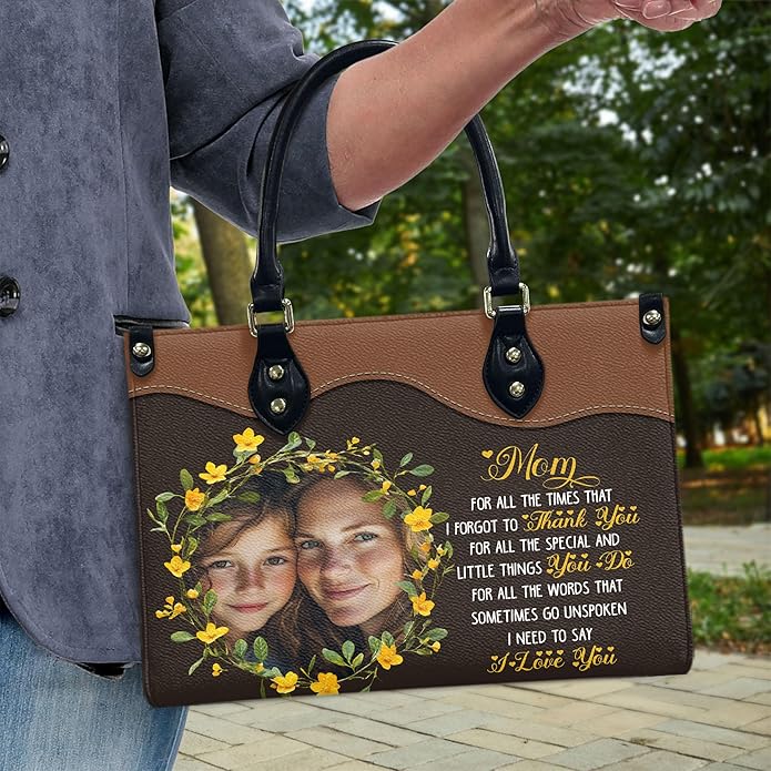 THUYPT Personalized Birth Flower Leather Bag for Mom, Women Faux Leather Handbags with Ziplock, Mother's Day Gifts