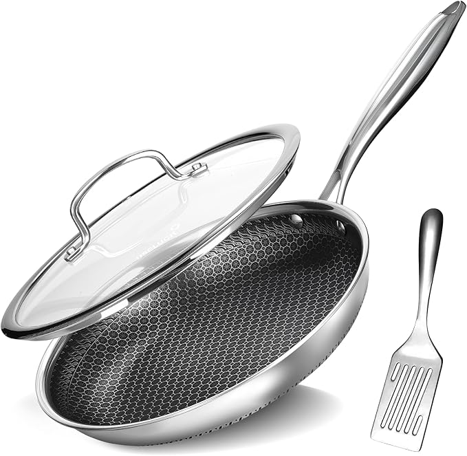 Frying Pan 8 Inch Nonstick pan with Lid, Stainless Steel Skillet with Honeycomb Surface, Induction Compatible, Oven & Dishwasher Safe, PFAS-Free Cookware