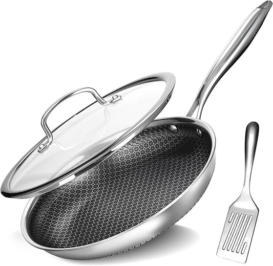 Frying Pan 8 Inch Nonstick pan with Lid, Stainless Steel Skillet with Honeycomb Surface, Induction Compatible, Oven & Dishwasher Safe, PFAS-Free Cookware