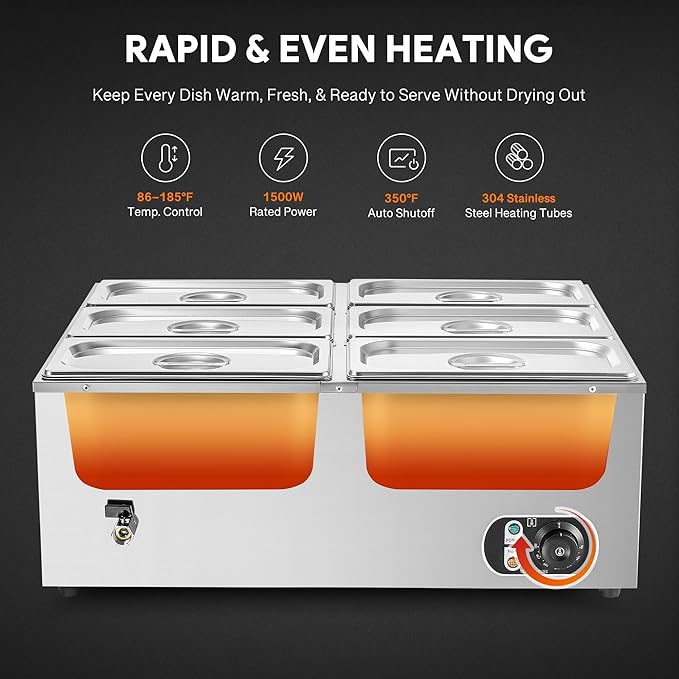 WILPREP Double-Well Commercial Food Warmer with Six 1/3 Pans, Electric Warmer for Food with Adjustable Temp & Automatic Shutoff, Stainless Steel Food Heating Unit for Buffet Food Truck Hotel More