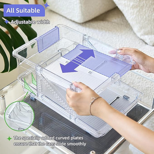 Soda Can Dispenser Organizer for Refrigerator and Pop Can Holders Drink Storage Wide Adjustable (2-Pack Clear)