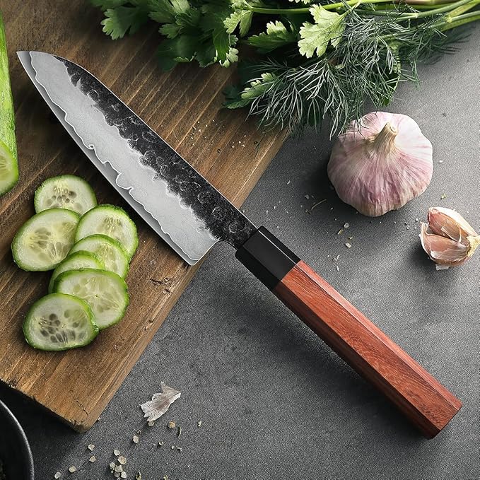 HEZHEN 5.5 Inches Santoku Knife, Three-layer Clad Steel, Professional small Japanese Chef Knife, Ultra Sharp Blade, Red Wood Octagonal Handle