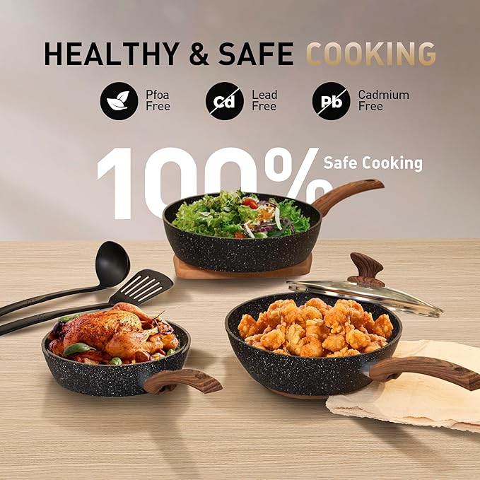 MAISON ARTS 17 Piece Black Pots and Pans Set Non Stick Granite, Non Toxic Induction Kitchen Cookware Sets, Pan and Pot Sets for Cooking Nonstick