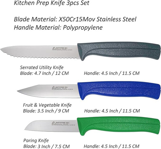 Kitchen Knife Set, MATTSTONE HILL Paring Knife Set - 4.7" Serrated Utility Knife, 3.5" Fruit & Vegetable Paring, 3" Flat Edge Peeling, German High Carbone Steel, Gray, Blue, Green