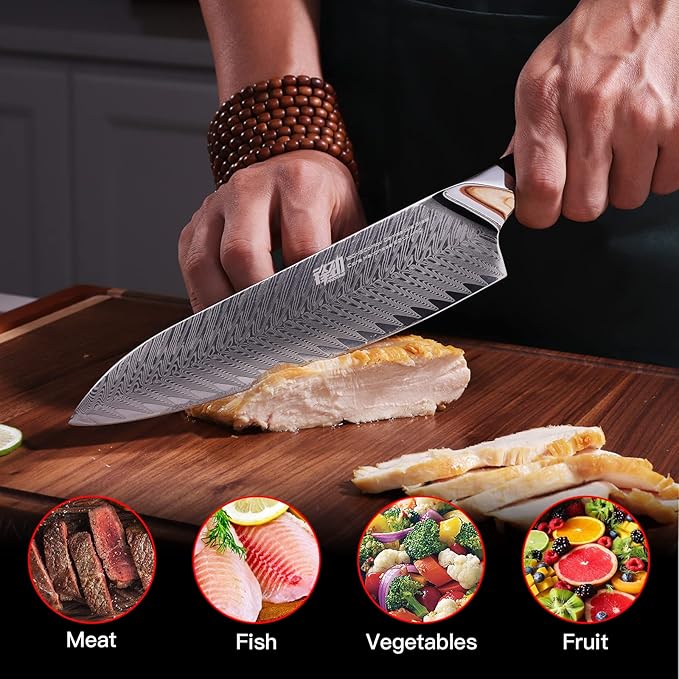 FINDKING Nebula Series Chef Knife with ABS Sheath, Multipurpose Japanese Gyuto Knife, 10Cr15CoMov Damascus Steel Blade, Resin and Figured Sycamore wood Handle, Full Tang, 8 Inch, Red, for Meat