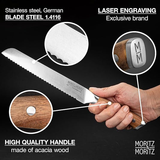 Moritz & Moritz 8-Inch Serrated Bread Knife – Professional Kitchen Bread Knife for Homemade Bread, Baguettes, Pastries & Cakes – Sharp German Stainless Steel Blade with Ergonomic Acacia Wood Handle
