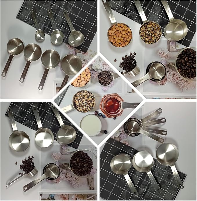 Measuring Cups and Spoons Set, 18/8 Metric & US Stainless Steel 8 Measuring Cups & 9 Spoons with 1 Leveler & 1 Measurement Conversion Chart for Baking & Kitchen