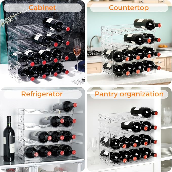 BoxedHome Plastic Water Bottle Organizer and Wine Rack Storage Holder for Inside Cabinet, Kitchen Countertop, Table Top, Pantry, Bars, Cabinets, Fridge - Clear (4 Tier 16 Containers)