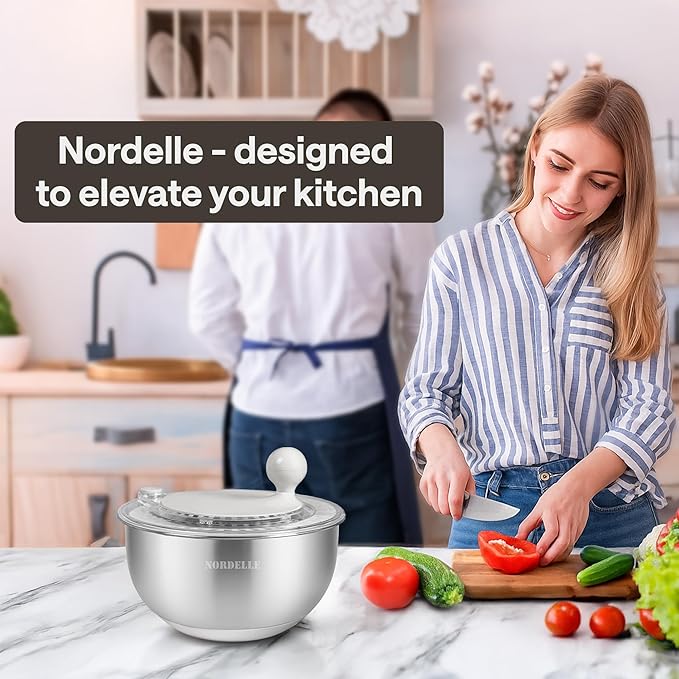 Stainless Steel Salad Spinner – Large Lettuce Dryer with Non-Slip Base & Instant Stop, BPA-Free Vegetable Washer, 5.3 Qt Cream White – Durable, Elegant & Premium