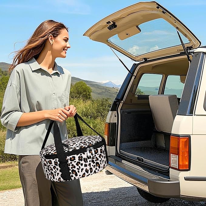 Round Insulated Casserole Carrier, Pie Carrier Bag, Portable Casserole Carrier for Hot or Cold Food Lunch Tote Warmer or Cooler Bag, Lunch Bag for Parties Picnic, Fits 12.5" Baking Dish, Leopard