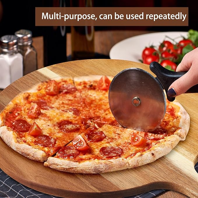 Sliner 6 Pcs Acacia Wood Round Cutting Board Bulk 0.6 Inch Thick Charcuterie Board with Handle Large Wooden Chopping Paddle for Cutting Pizza Cheese Meat Fruit(12 x 16 Inch)